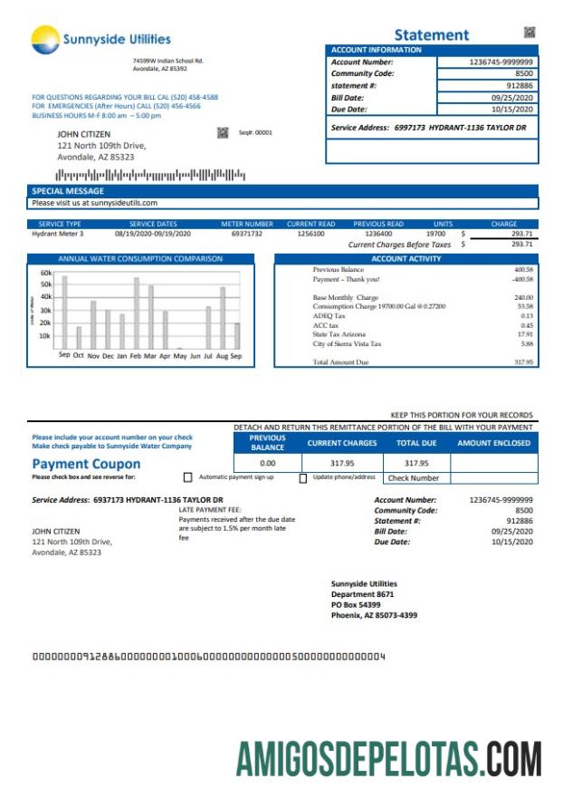 Para baixar modelo de conta de serviços públicos de água da USA Washington Sunnyside Utilities em formato Word e PDF